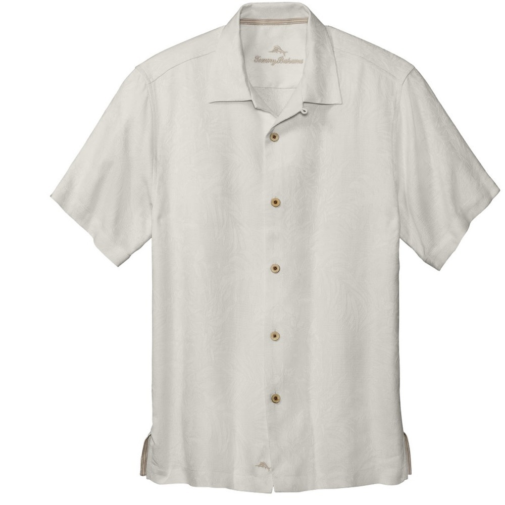 Tommy Bahama silk short sleeve button front shirt tropical neutral print Large
